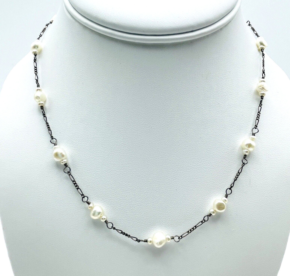 Dainty 39 Pearl Station Necklace 16" Sterling Silver Figaro Chain Tarnished 925
